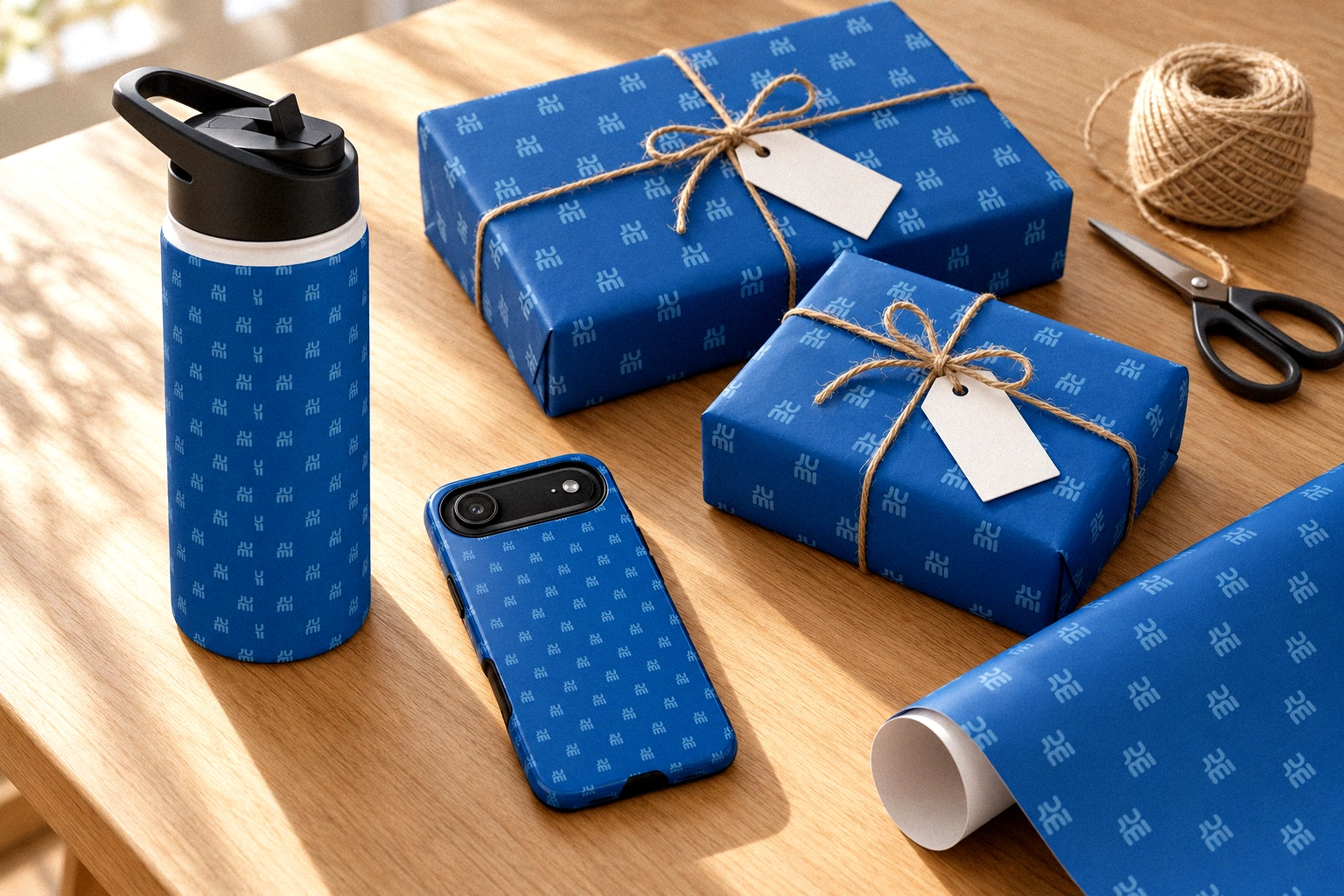 A blue JUMI seamless pattern printed on a water bottle, a phone case and gift wrap